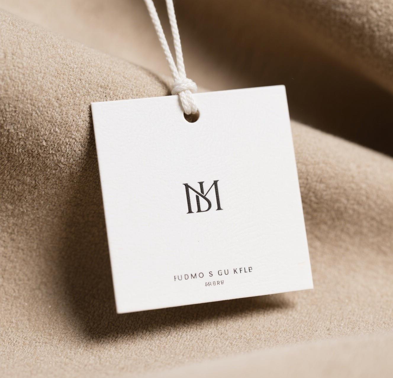 A square hang tag on a luxury fashion item showcasing minimalist branding
